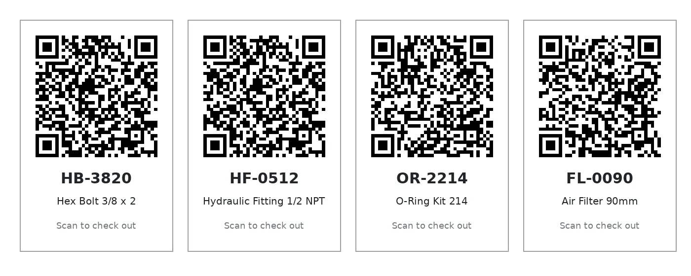 Four sample QR labels for parts, each with a part number and name